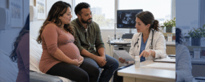 A realistic, landscape-format prenatal consultation photograph is provided above.