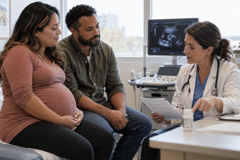 A realistic, landscape-format prenatal consultation photograph is provided above.