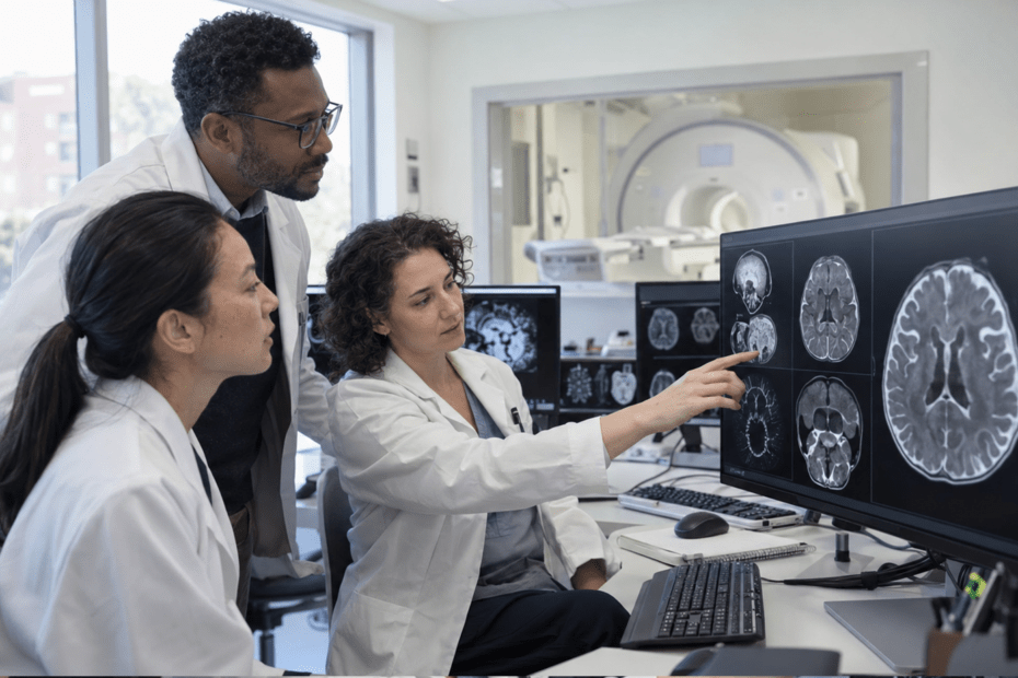 Diverse neonatal neuroscience team examining brain MRI data in a clinical research environment.