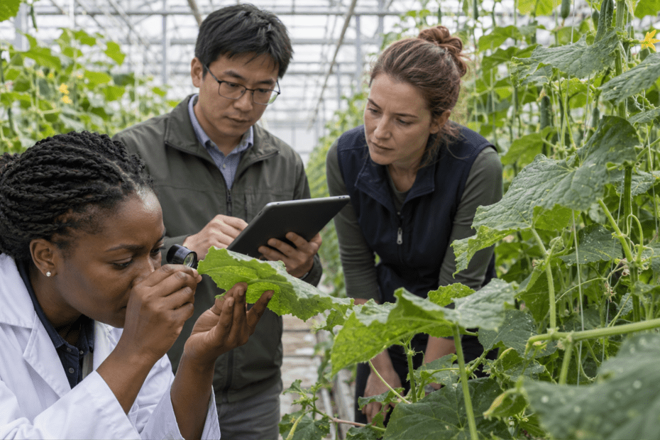 Three agricultural researchers inspect cucumber foliage with a hand lens and record observations in a greenhouse.