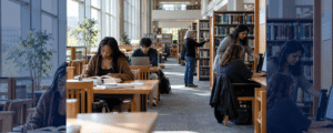 Diverse library patrons reading, studying on a laptop, browsing bookshelves, and receiving help from a librarian.