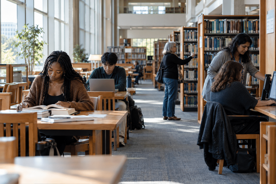 Diverse library patrons reading, studying on a laptop, browsing bookshelves, and receiving help from a librarian.