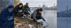 Environmental scientists collecting water samples beside an urban river, with plastic litter and industrial buildings nearby.