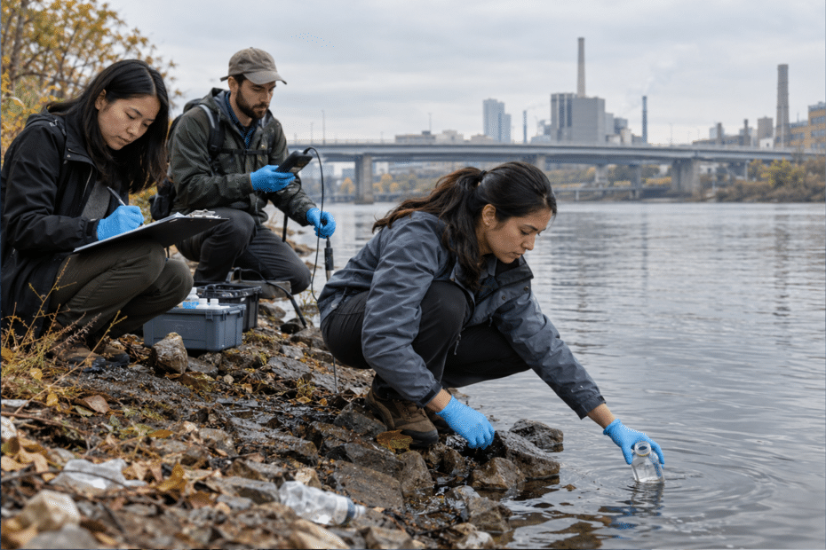 Environmental scientists collecting water samples beside an urban river, with plastic litter and industrial buildings nearby.